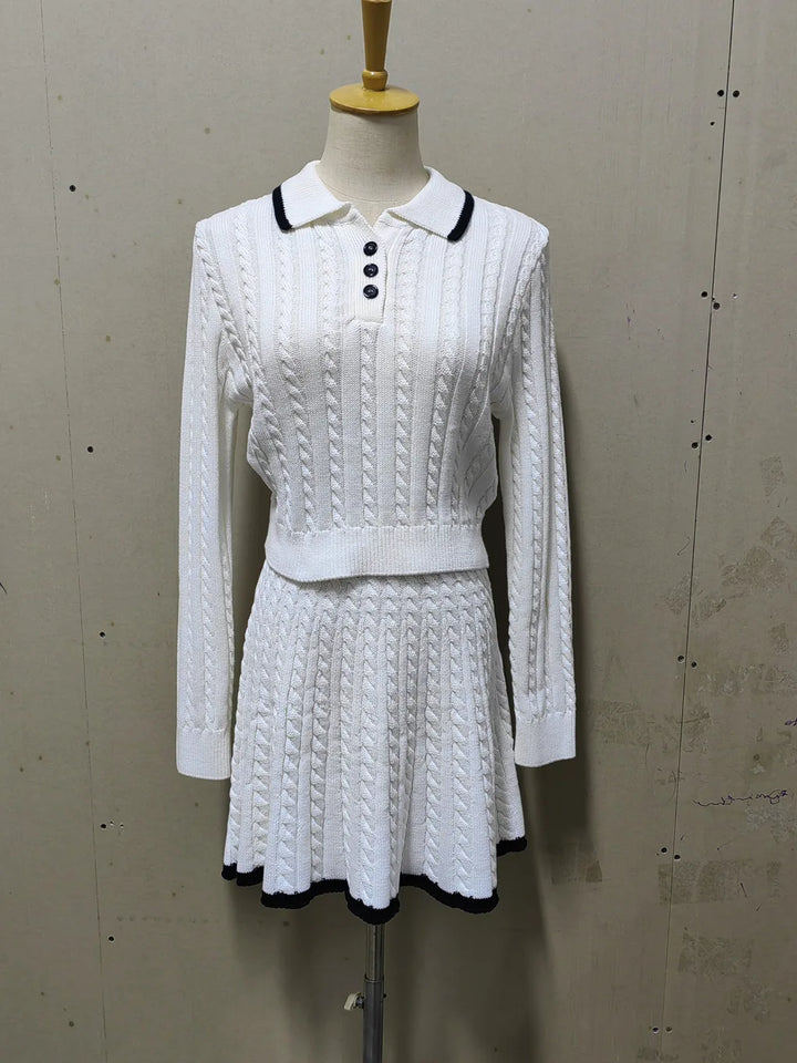 Autumn Women Sweater Sets 2 Piece Skirt Suit Women's Patchwork Contrast Long Sleeve Lapel Pullovers A-line Mini Skirt Outfits