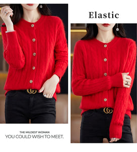 BELIARST Autumn Winter 100% Mink Cashmere Women's Clothes Round Neck Cardigan Knitted Solid Color Sweater Twisted Flower BR-050