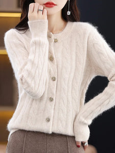 BELIARST Autumn Winter 100% Mink Cashmere Women's Clothes Round Neck Cardigan Knitted Solid Color Sweater Twisted Flower BR-050