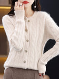 BELIARST Autumn Winter 100% Mink Cashmere Women's Clothes Round Neck Cardigan Knitted Solid Color Sweater Twisted Flower BR-050