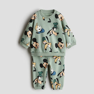 Minnie And Mickey Full Print Hooded Tops Solid Color Leggings Two-piece New Children Cartoon Sweatshirt+Pants Baby Clothes Set