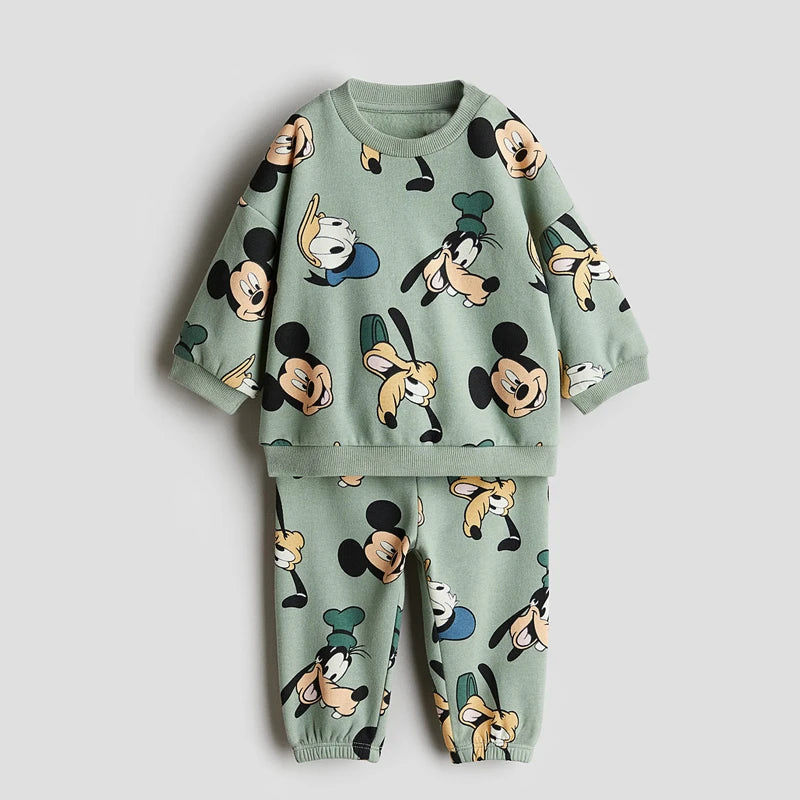 Minnie And Mickey Full Print Hooded Tops Solid Color Leggings Two-piece New Children Cartoon Sweatshirt+Pants Baby Clothes Set