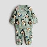 Minnie And Mickey Full Print Hooded Tops Solid Color Leggings Two-piece New Children Cartoon Sweatshirt+Pants Baby Clothes Set