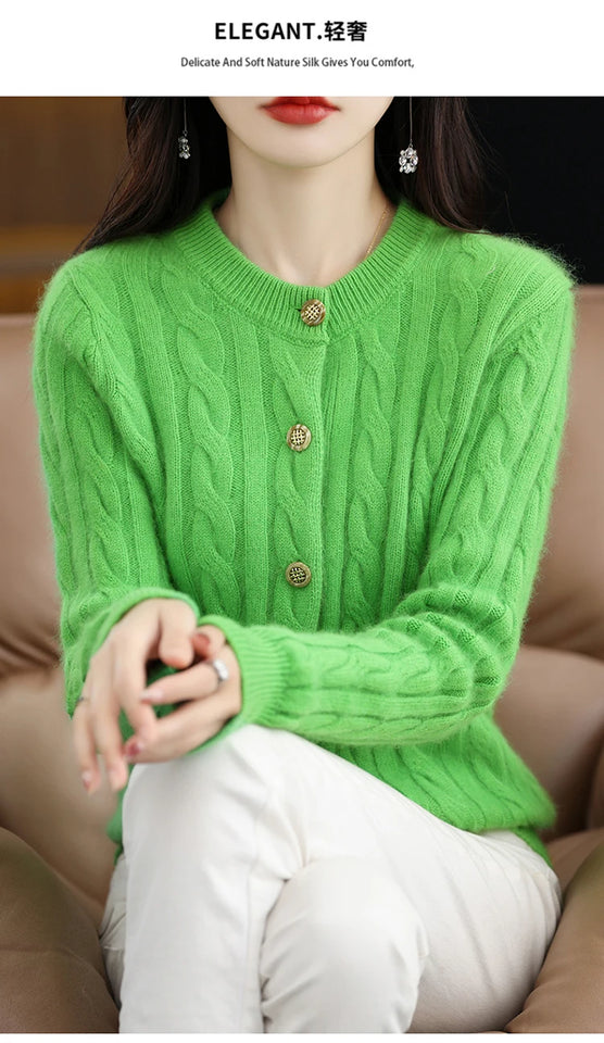 BELIARST Autumn Winter 100% Mink Cashmere Women's Clothes Round Neck Cardigan Knitted Solid Color Sweater Twisted Flower BR-050