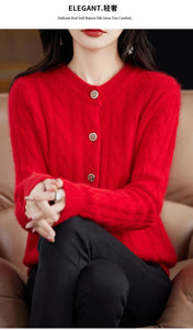 BELIARST Autumn Winter 100% Mink Cashmere Women's Clothes Round Neck Cardigan Knitted Solid Color Sweater Twisted Flower BR-050