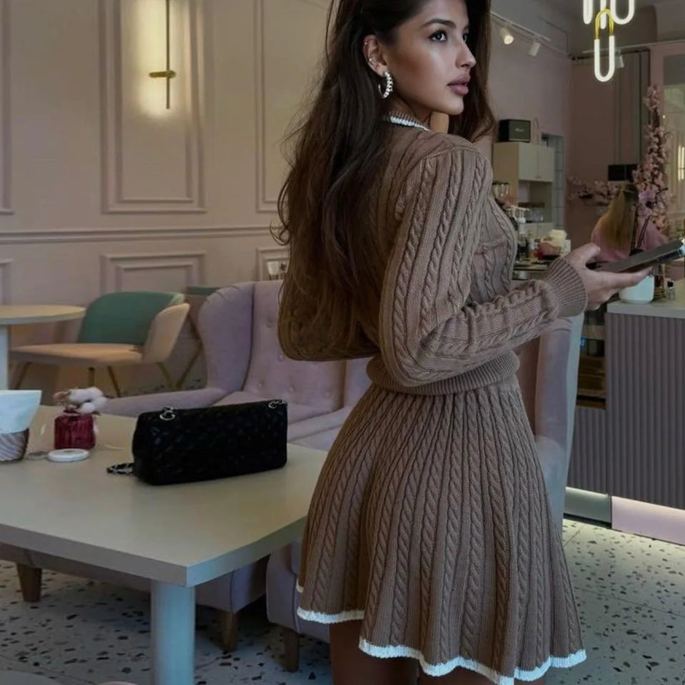 Autumn Women Sweater Sets 2 Piece Skirt Suit Women's Patchwork Contrast Long Sleeve Lapel Pullovers A-line Mini Skirt Outfits