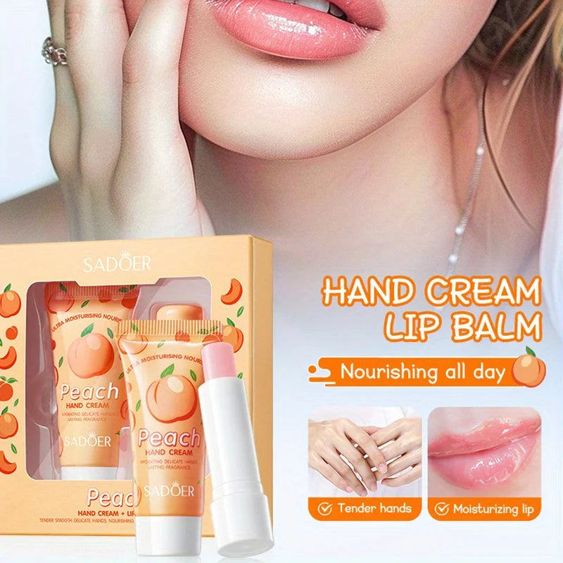 Peach Skincare Set- Nourishing and Moisturizing Hand Cream and Lip Balm Set - Soft Skin All Day Long. Holiday Gifts