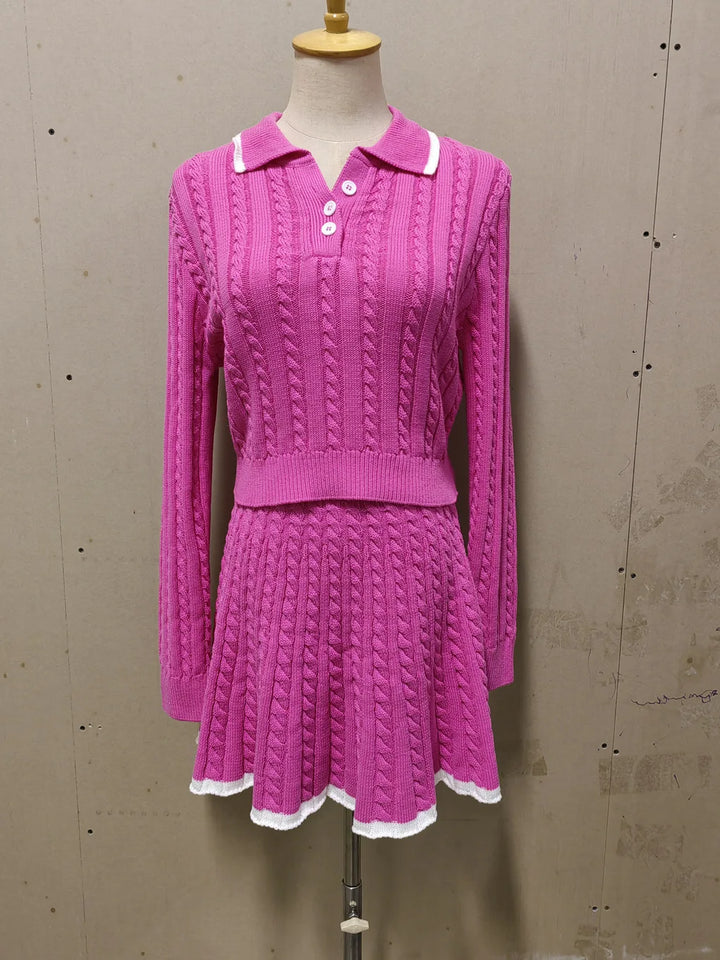 Autumn Women Sweater Sets 2 Piece Skirt Suit Women's Patchwork Contrast Long Sleeve Lapel Pullovers A-line Mini Skirt Outfits
