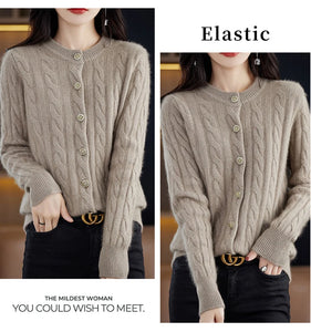 BELIARST Autumn Winter 100% Mink Cashmere Women's Clothes Round Neck Cardigan Knitted Solid Color Sweater Twisted Flower BR-050