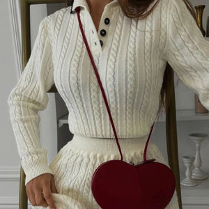 Autumn Women Sweater Sets 2 Piece Skirt Suit Women's Patchwork Contrast Long Sleeve Lapel Pullovers A-line Mini Skirt Outfits