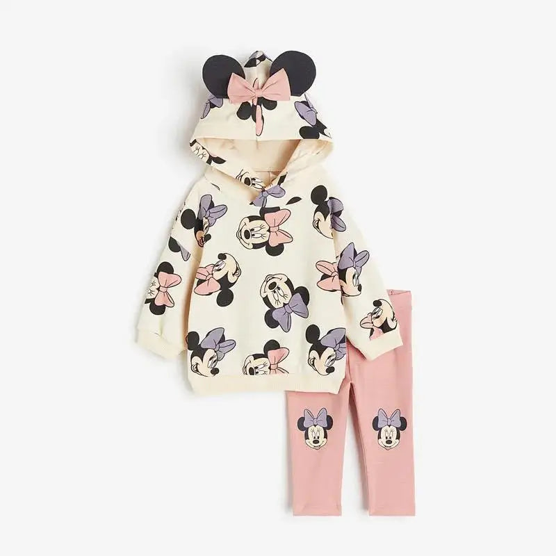 Minnie And Mickey Full Print Hooded Tops Solid Color Leggings Two-piece New Children Cartoon Sweatshirt+Pants Baby Clothes Set