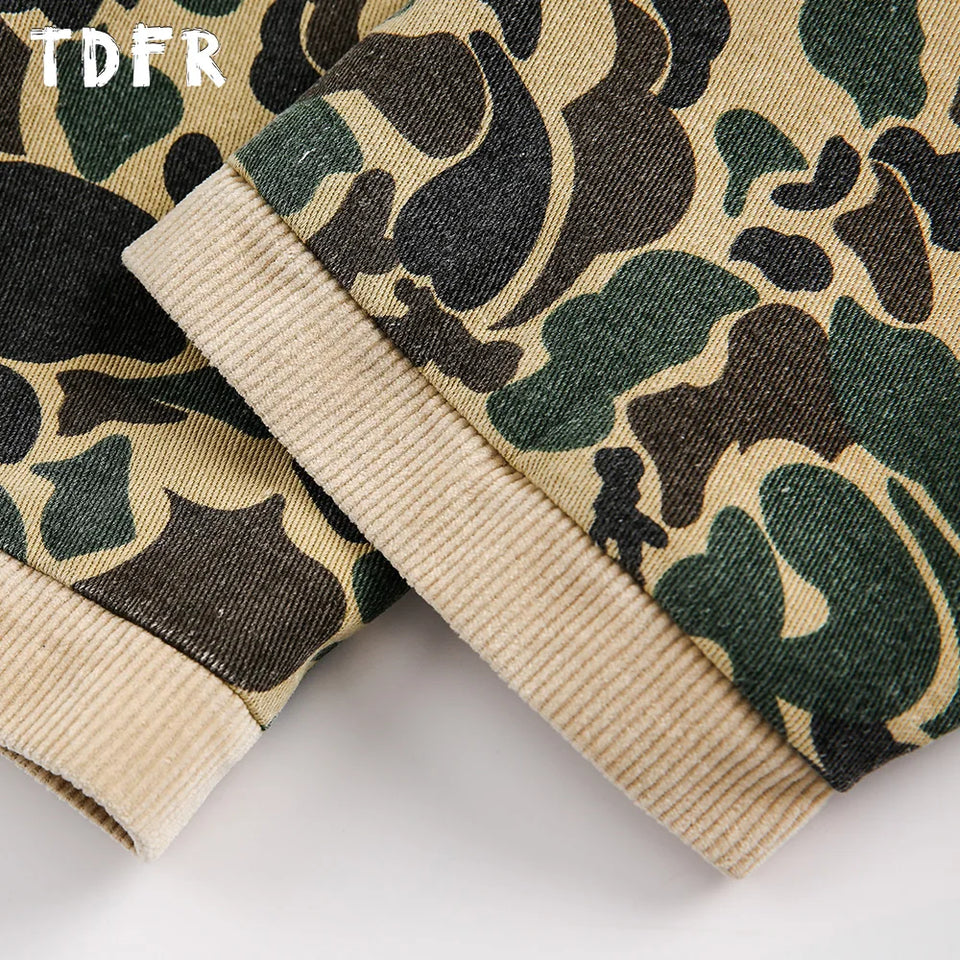 Camouflage Cargo Jacket Mens Autumn Pocket Retro Streetwear Spliced Lapel Long Sleeve Zipper Fly Outerwear Men